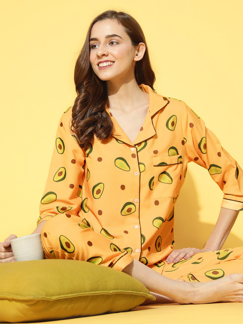 

Bannos Swagger Women Stylish Mustard Tropical Printed Night Suit