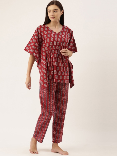 

Bannos Swagger Women Maroon Printed Kaftan Night Suit Set