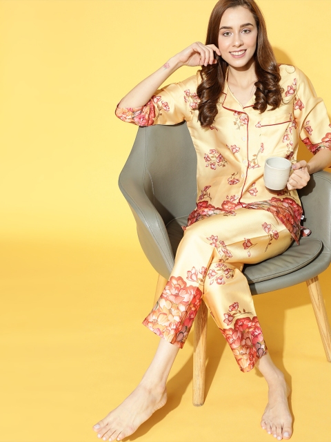

Bannos Swagger Women Bright Yellow Floral Printed Night Suit