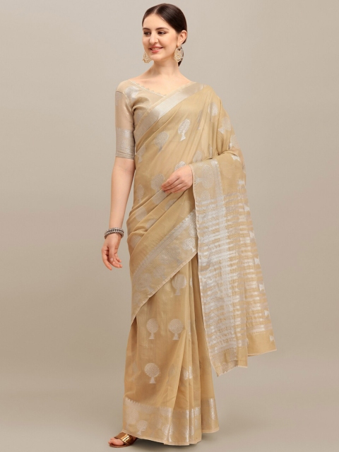 

RAJGRANTH Beige & Silver-Toned Floral Zari Silk Cotton Banarasi Saree