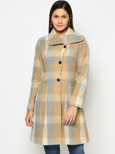 

Owncraft Women Camel Brown & Grey Checked Woolen Overcoat