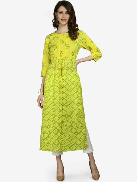 

Myshka Women Yellow Floral Printed High Slit Pure Cotton Kurta with Trousers