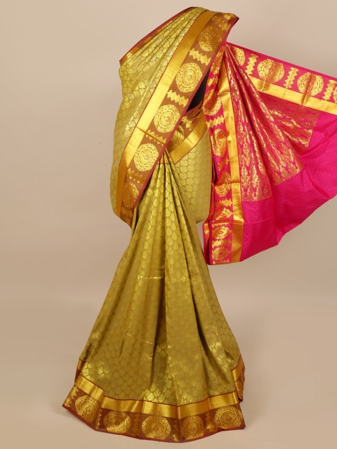 

Pothys Gold-Toned & Pink Ethnic Motifs Sequinned Silk Cotton Saree