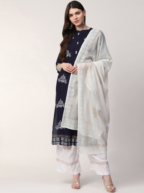 

Indi INSIDE Women Blue & White Linen Kurta with Palazzos & With Dupatta