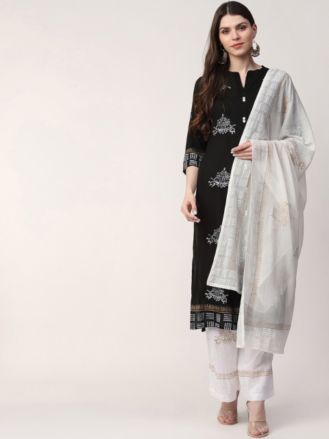 

Indi INSIDE Women Black & White Ethnic Motifs Linen Kurta with Palazzos & With Dupatta