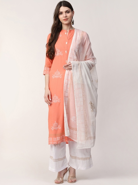 

Indi INSIDE Women Peach-Coloured Ethnic Motifs Printed High Slit Linen Kurta with Palazzos & With Dupatta