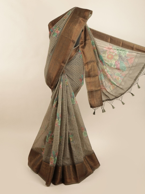 

Pothys Brown & Green Floral Zari Pure Silk Dabu Saree
