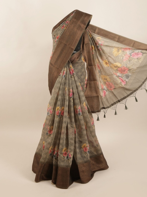 

Pothys Brown & Yellow Floral Pure Silk Dabu Saree