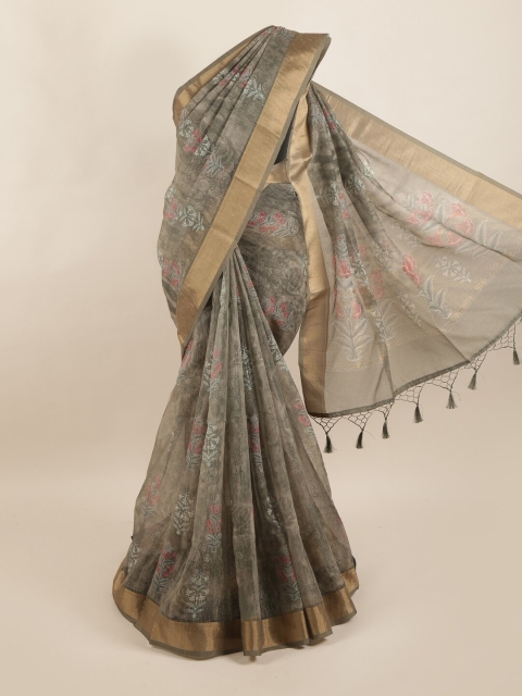 

Pothys Grey & Red Floral Pure Silk Dabu Saree