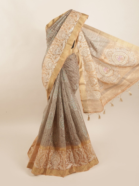 

Pothys Beige & White Floral Pure Silk Dabu Saree