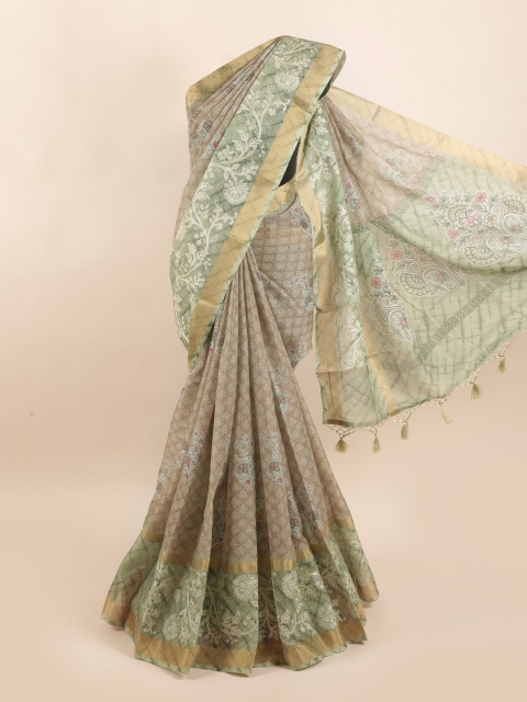 

Pothys Beige & Green Floral Pure Silk Dabu Saree