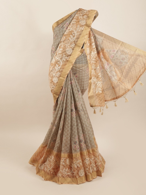 

Pothys Beige & Khaki Floral Pure Silk Dabu Saree