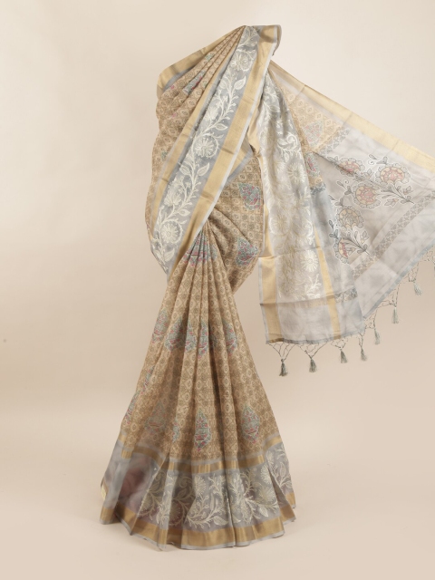 

Pothys Beige & Grey Floral Pure Silk Dabu Saree