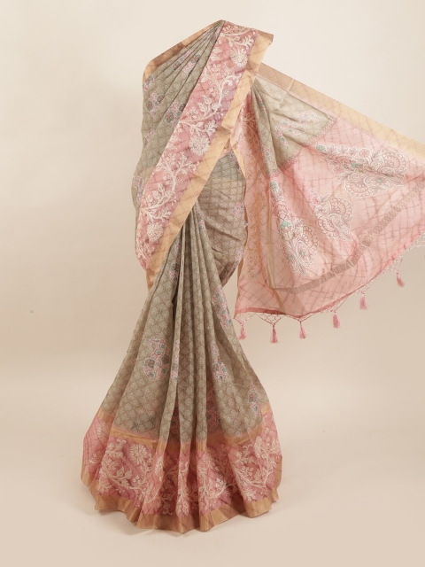 

Pothys Beige Floral Pure Silk Dabu Saree