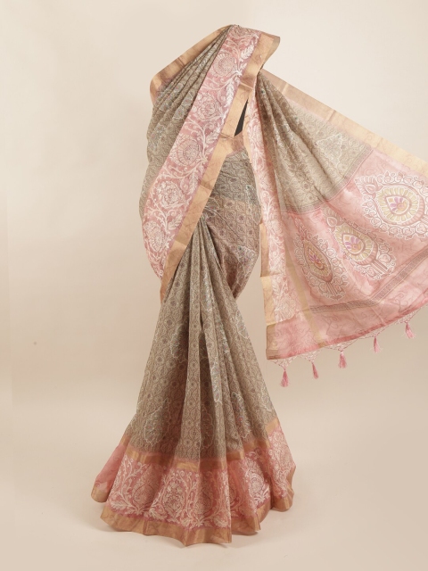 

Pothys Beige & Pink Floral Pure Silk Dabu Saree