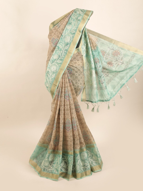 

Pothys Beige & Sea Green Floral Pure Silk Dabu Saree