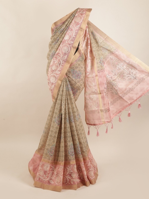 

Pothys Beige & Pink Floral Pure Silk Dabu Saree
