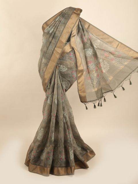 

Pothys Grey & Off White Floral Pure Silk Dabu Saree