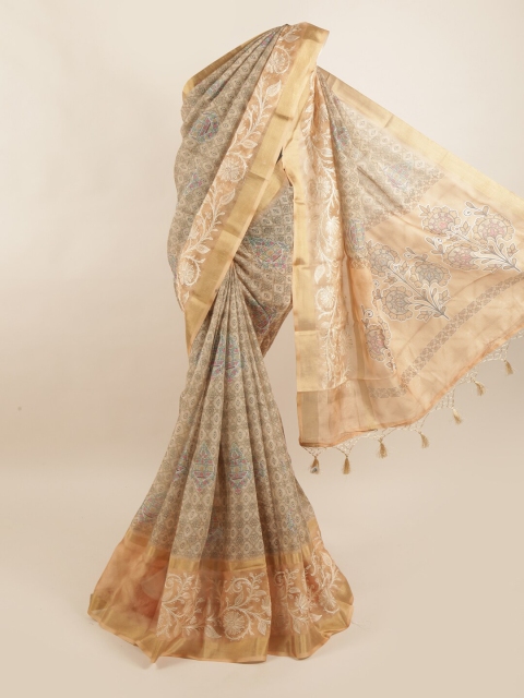 

Pothys Beige & Pink Floral Pure Silk Dabu Saree