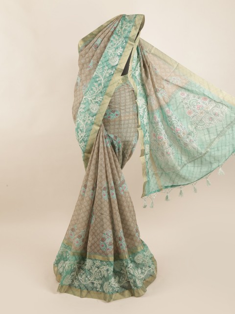 

Pothys Beige & Sea Green Floral Pure Silk Dabu Saree