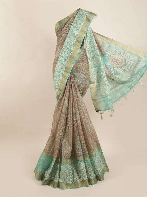 

Pothys Beige & Turquoise Blue Ethnic Motifs Pure Silk Dabu Saree