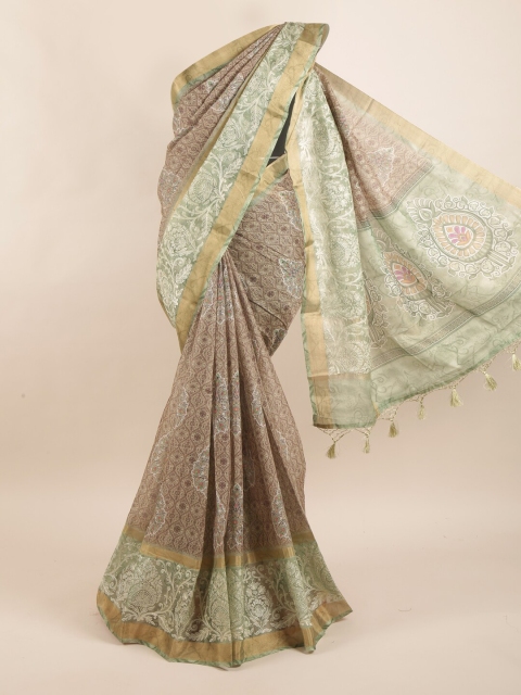 

Pothys Beige & Sea Green Floral Pure Silk Dabu Saree