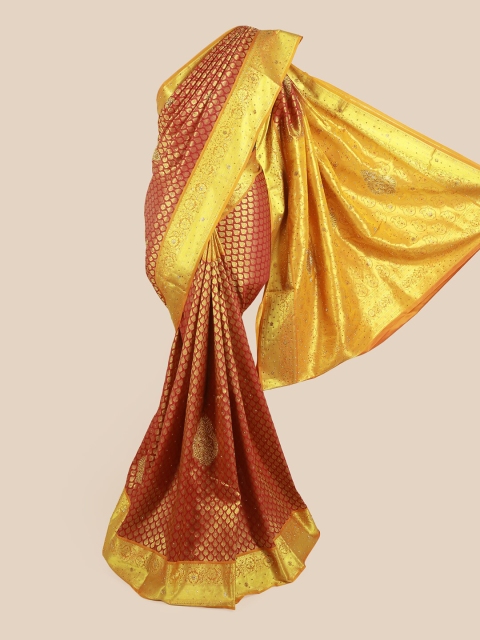 

Pothys Maroon & Gold-Toned Woven Design Zari Pure Silk Saree