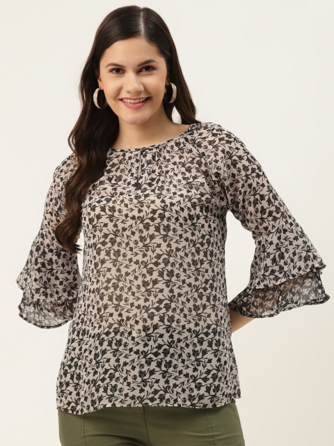 

Rue Collection Beige & Brown Floral Print Bell Sleeve Regular Top