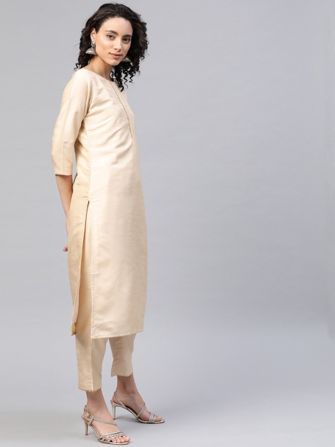 

Ahalyaa womens Poly Silk Digital Print Printed KURTA SET, Beige