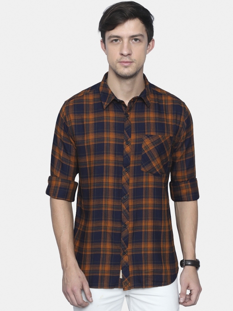 

VUDU Men Yellow & Navy Blue Checked Cotton Casual Shirt
