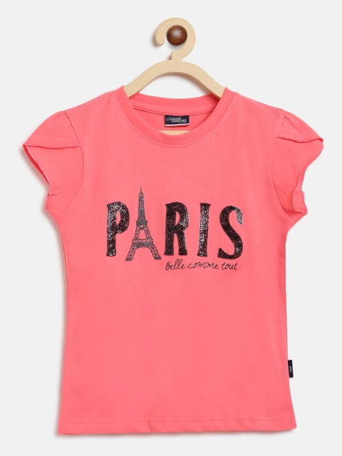 

Lil Tomatoes Girls Pink Pure Cotton Typography Printed & Embellished Regular Top