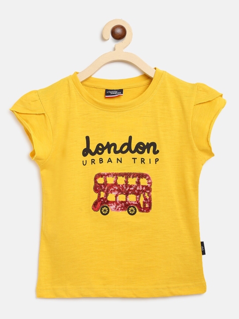 

Lil Tomatoes Girls Mustard Yellow Embellished Printed Regular Top