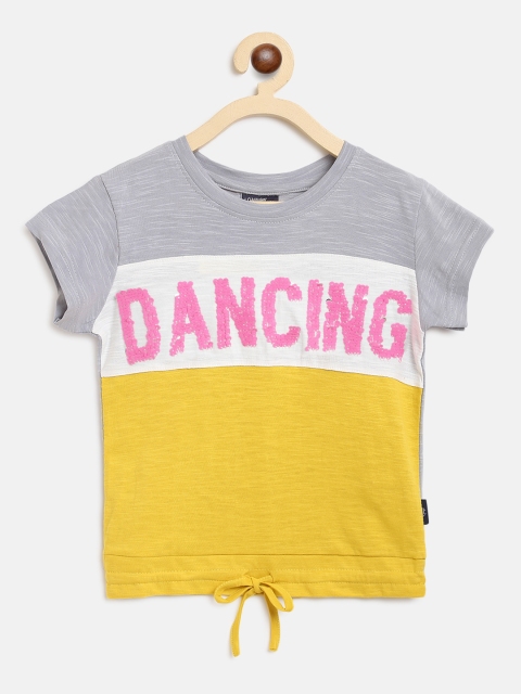 

Lil Tomatoes Girls Mustard Colourblocked & Flip-Sequinned T-shirts With Drawstring Tie-Up