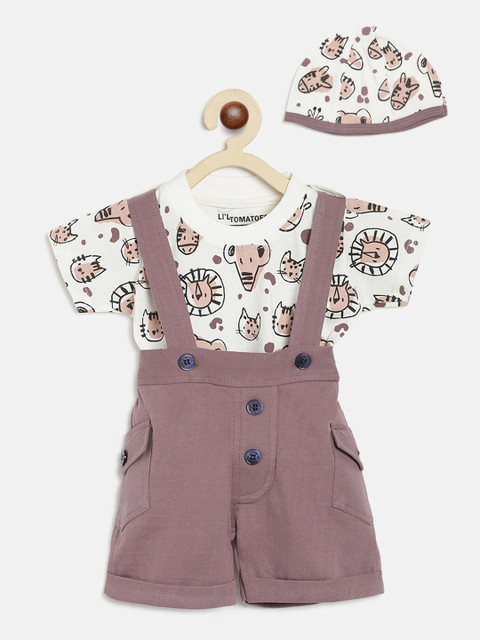 

Lil Tomatoes Infants White & Brown Pure Cotton Printed T-shirt with Shorts & Beanie