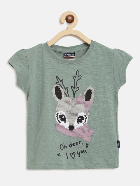 

Lil Tomatoes Olive Green & Silver Sequined Embellished Pure Cotton Top