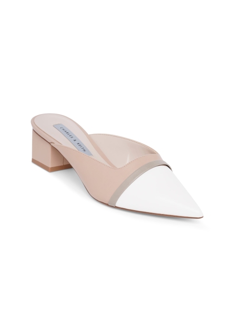 

CHARLES & KEITH Women Beige & White Colourblocked Block Heeled Mules