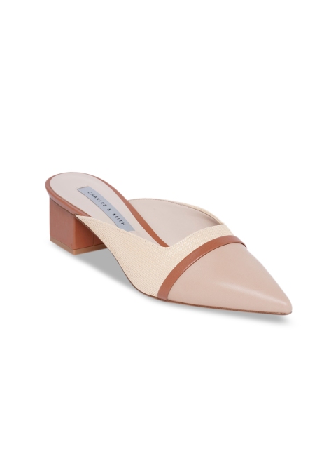 

CHARLES & KEITH Beige & Cream-Coloured Colourblocked PU Block Heeled Mules