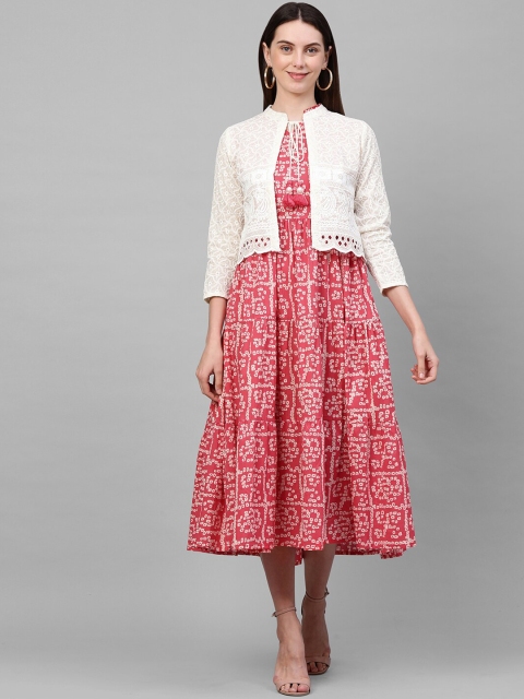 

FASHOR Women Pink & White Bandhani Print Tie-Up Neck Maxi Dress with Chikankari Jacket
