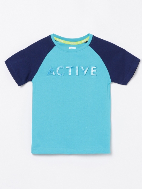 

Fame Forever Active Boys Blue Colourblocked Raglan Sleeve Printed Pure Cotton T-shirt