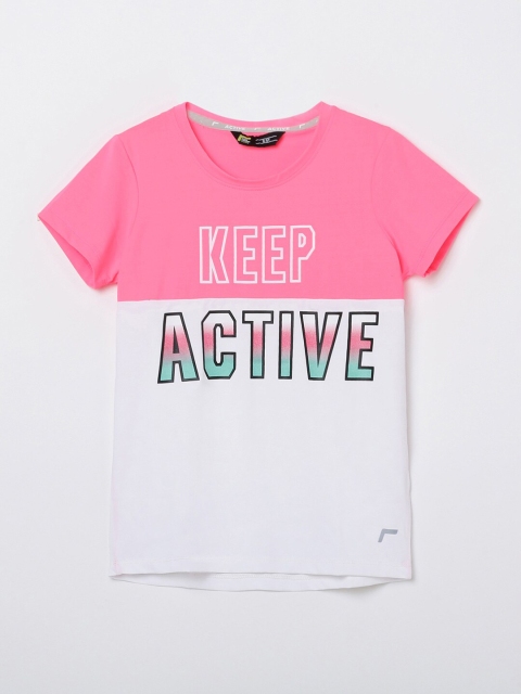 

Fame Forever Active Girls Pink & White Typography Colourblocked T-shirt