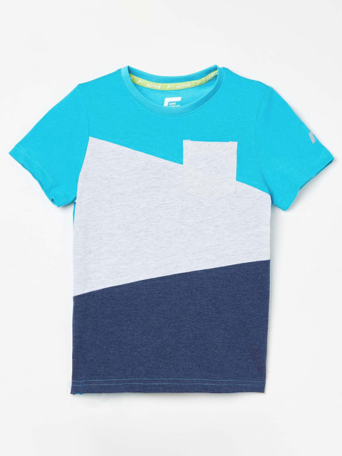 

Fame Forever Active Boys Blue Grey Colourblocked Pure Cotton T-shirt