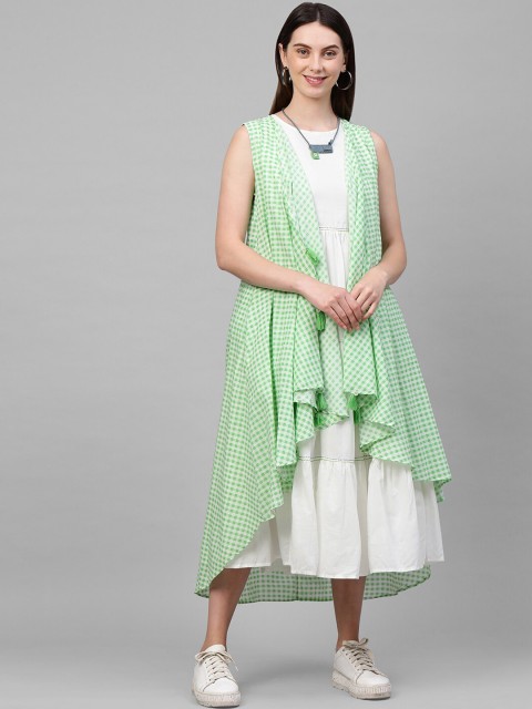 

FASHOR Women Green & White Empire Midi Dress With Checked Open Jacket