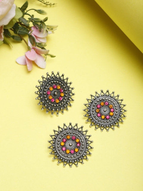

NEUDIS Silver-Plated Pink & Orange Stone-Studded Tribal Antique Jewellery Set