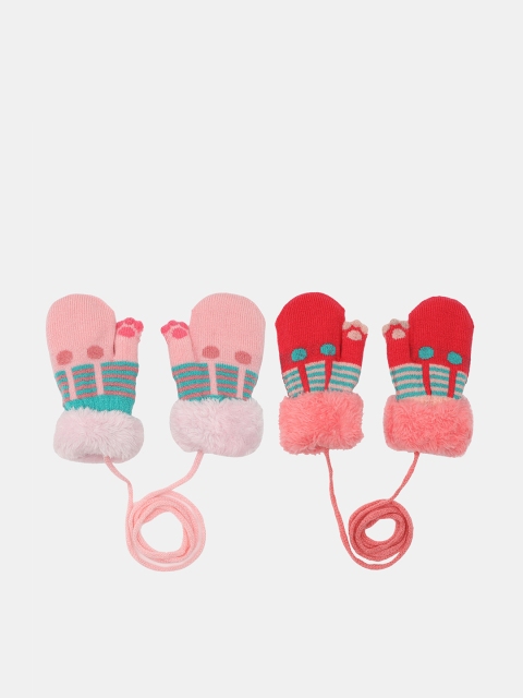 

FabSeasons Pack of 2 Kids Pink & Red Patterned Acrylic Gloves with String