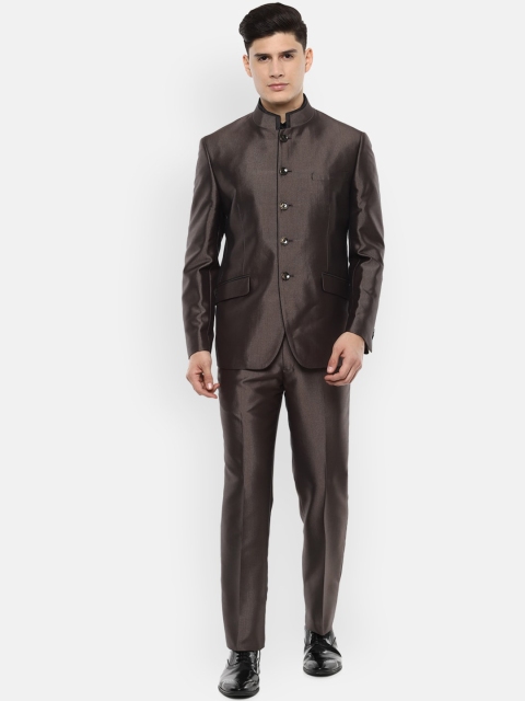 

V Dot Men Brown Self-Design Slim-Fit Bandhgala Formal Suit