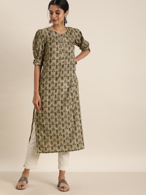 

Sangria Women Cream-Coloured & Olive Green Ethnic Motifs Printed Kurta
