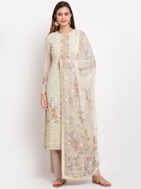 

Stylee LIFESTYLE Cream-Coloured & Green Unstitched Dress Material