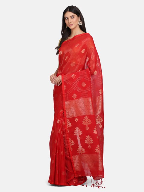 

Mirraw Red & Silver-Toned Woven Design Zari Pure Linen Saree