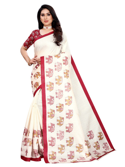 

KALINI Off White & Red Ethnic Motifs Art Silk Khadi Saree