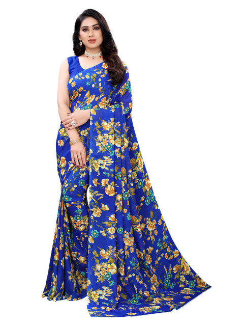 

KALINI Navy Blue & Mustard Floral Saree